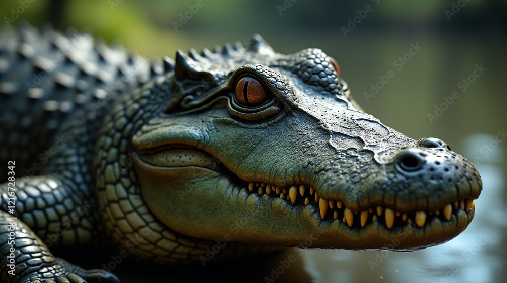 Obraz premium Close-Up Micro Photography: Crocodile Head in a Mystical River