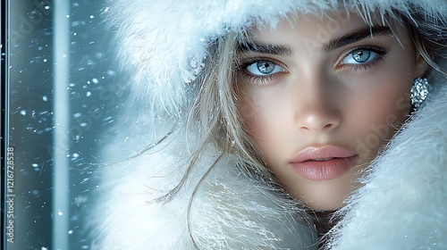 Elegant European woman dressed in white mink fur hat and coat, silver diamond earrings shimmering, soft snow falling outside a high-end hotel, leaning gracefully against the elevator wall, warm 