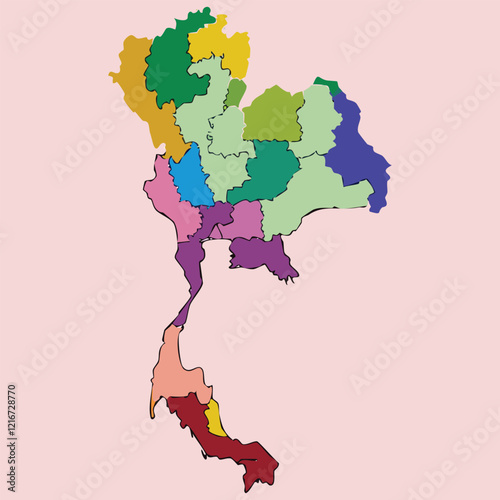 This vibrant map visually displays the provinces of Thailand, each highlighted in a distinct color, providing a clear and engaging representation of the country's regional divisions