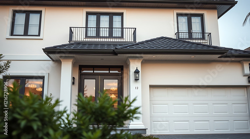 Luxury Modern Home Exterior: Elegant Facade Design, White Walls, Black Windows, and Spacious Balcony