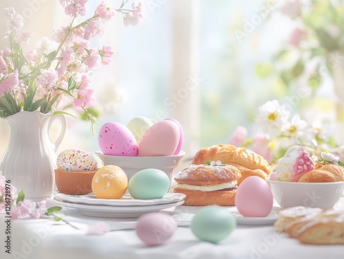 Delightful Easter breakfast table adorned with colorful painted eggs, pastries, and fresh spring flowers. Generative AI