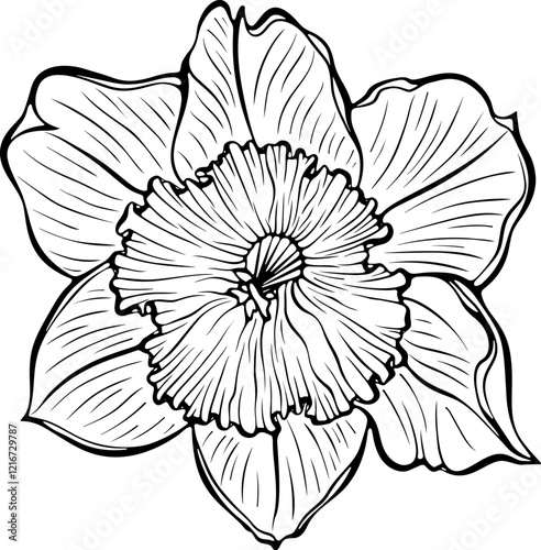 Blooming daffodil flower head. Spring narcissus plant. Vintage flower. Vector illustration in hand drawn sketch doodle style. Line art graphic wildflower isolated on white. Design for coloring book