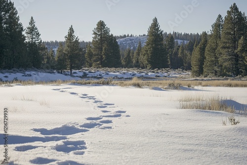 Wallpaper Mural A snow-covered field with pine trees in the background, a trail of animal tracks leading across it. The focus is on one track that curves to one side and then turns away from the other tracks Torontodigital.ca