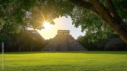 Chichen Itza with the sun shining behind it photo