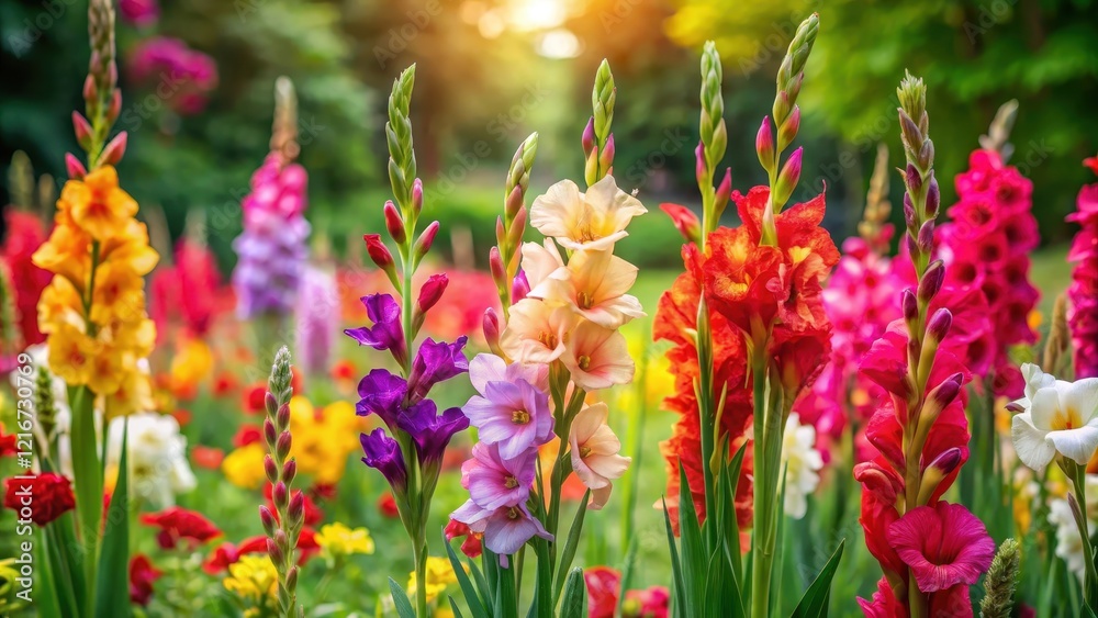 Lush gladiolus blooms in vibrant colors against a natural garden backdrop , nature, bloom, nature, bloom, flowerpot, close-up Lush gladiolus blooms in vibrant colors against a natural garden backdrop , nature, bloom, nature, bloom, flowerpot, close-up