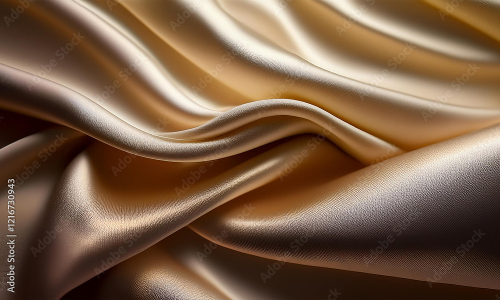Obraz premium Golden satin fabric texture with smooth, flowing folds, exuding luxury and elegance. Ideal for backgrounds, branding, fashion, or product designs requiring a rich and sophisticated aesthetic.