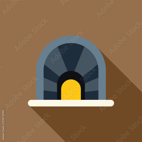 Mining tunnel entrance with light at the end, flat design icon with long shadow