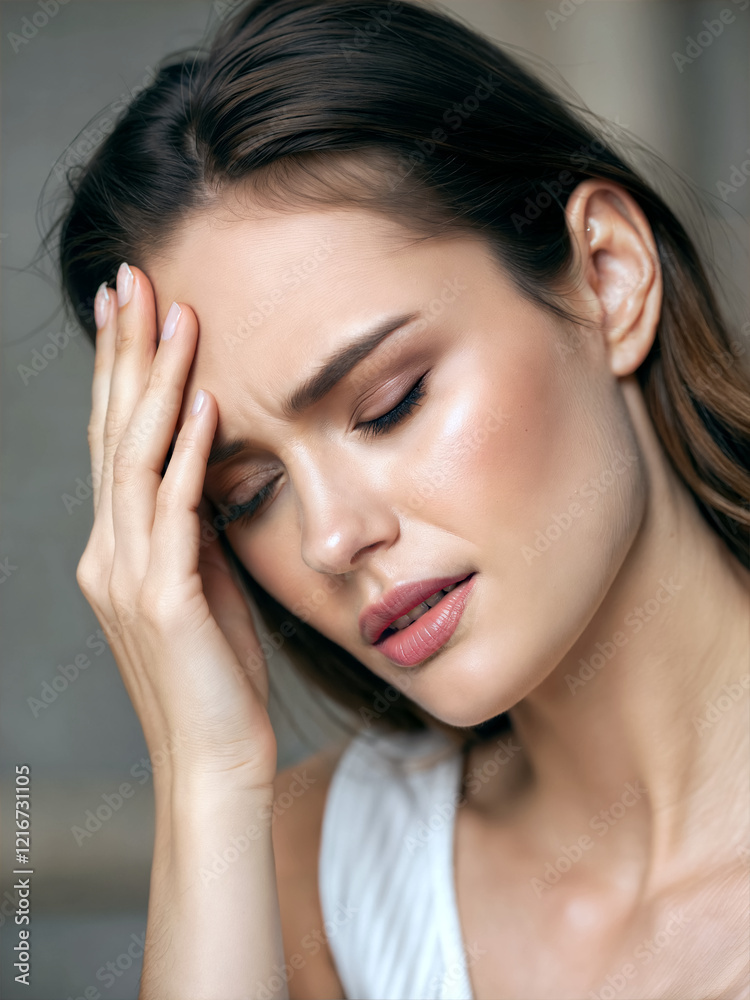 Pretty young woman having bad headache, holding her head, people background, felling unwell