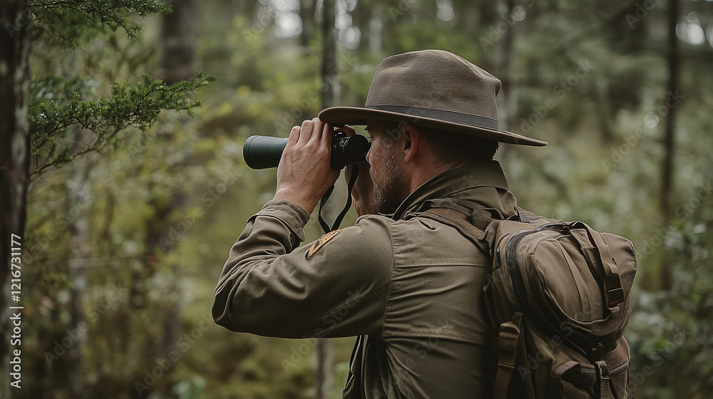 A forest ranger in a wide-brim hat using binoculars to observe wildlife, symbolizing exploration, conservation efforts, and the protection of natural habitats. A forest ranger in a wide-brim hat using binoculars to observe wildlife, symbolizing exploration, conservation efforts, and the protection of natural habitats.