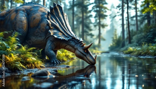 Majestic Ceratopsian Dinosaur by Tranquil Stream: A Serene Paleo-Artistic Scene photo