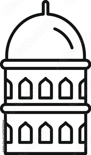 Simple line drawing of a minaret featuring a double balcony and a large dome, symbolizing islamic architectural style