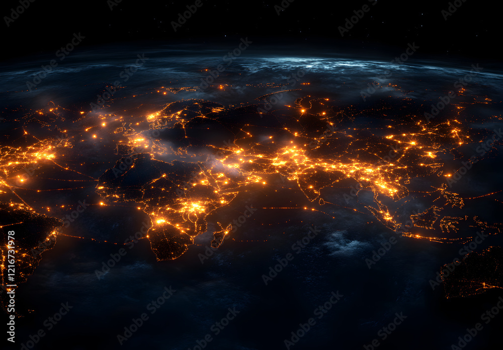 Fototapeta premium Futuristic Digital World Map with Glowing Lines and Connected Network Nodes, Symbolizing Global Communication, Technology, Data Sharing, and Connectivity Across Continents in a Blue Abstract Theme