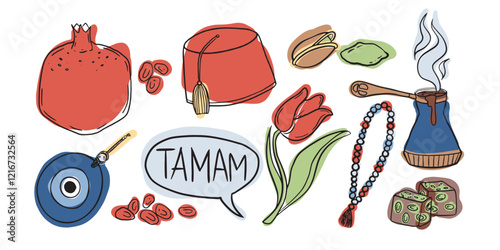 Includes pomegranate, tulip, fez, evil eye, Turkish delight, and coffee pot. A vibrant collection of Turkish cultural symbols and traditions.