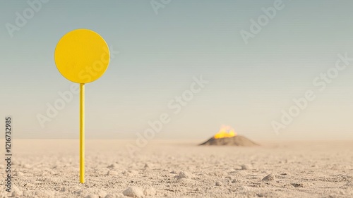 Bright yellow radiation warning signs scattered across a barren, desolate wasteland photo