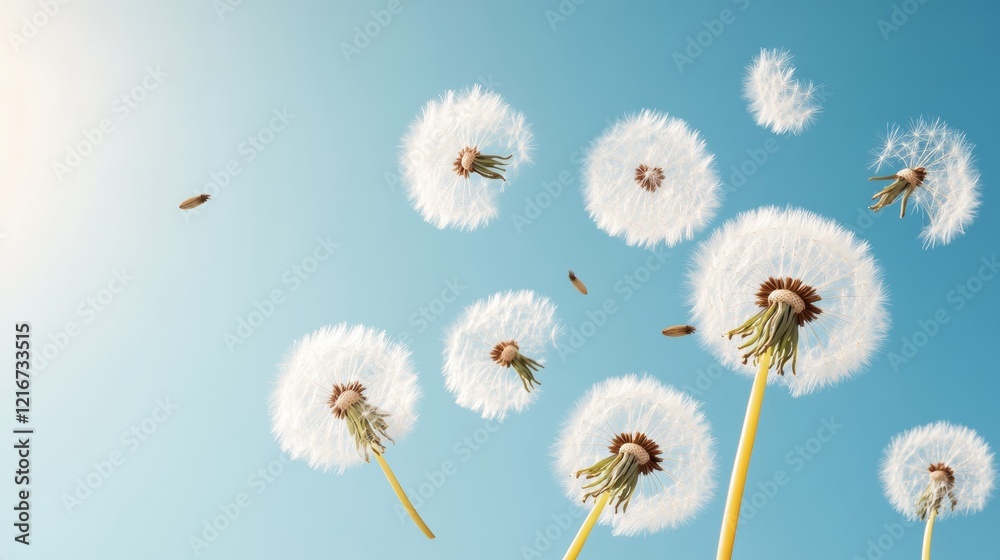 Obraz premium Dreamy Nature Inspire Ethereal White Dandelion Seeds Floating in Sunlit Sky - Organic Design Content for Eco-Friendly Marketing and Inspiring Environmental Campaigns