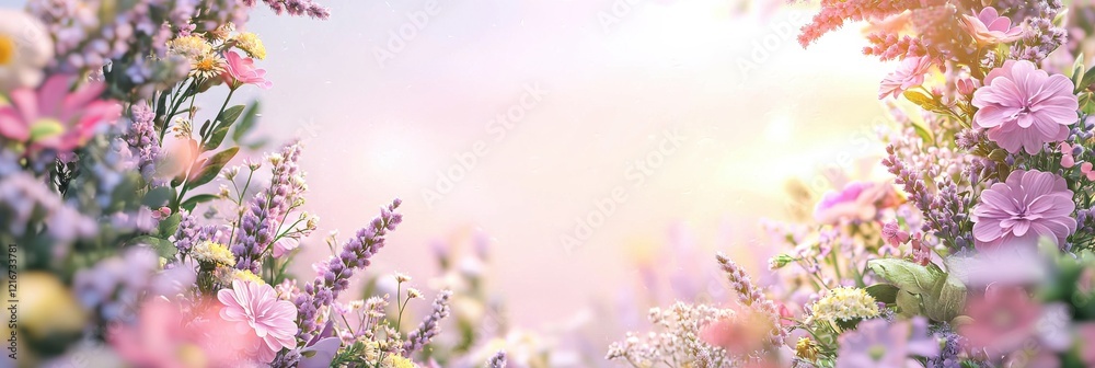 Blooming spring flowers in meadow with soft sunlight and pastel sky Blooming spring flowers in meadow with soft sunlight and pastel sky