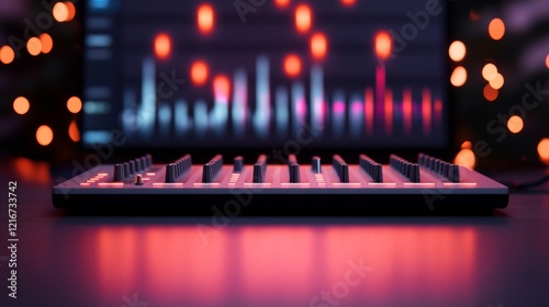 RGB-Infused Electronic Studio Sleek Digital Soundwave Display with Compact Console for Innovative Music Production and Urban Creative Spaces photo