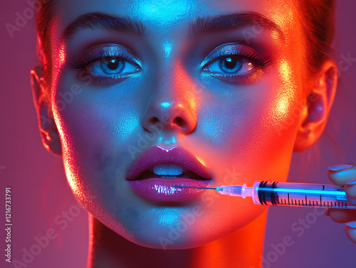 Young woman gets beauty facial injections in salon. Injections of fillers into the face
