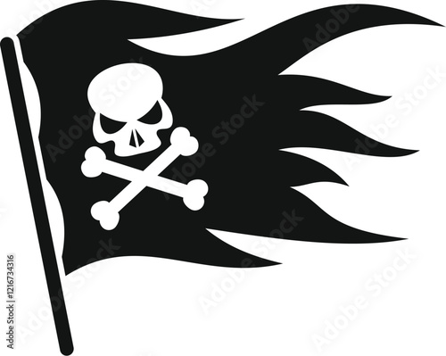 Jolly roger waving in the wind, black flag with skull and crossbones, symbol of piracy