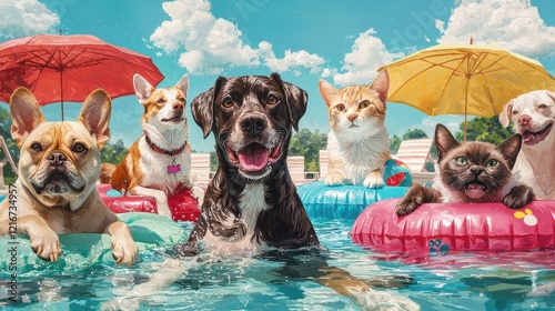 A lively scene of dogs and a cat enjoying a sunny day in a pool, complete with colorful floaties and umbrellas.