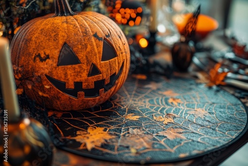 Festive Halloween Pumpkin with Spider Web Decoration and Autumn Theme photo