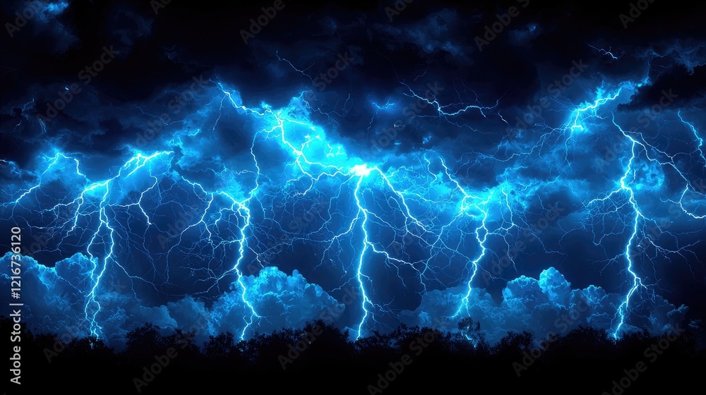 Fototapeta premium Digital Storm Vibrant Blue Lightning Over Silhouetted Forest