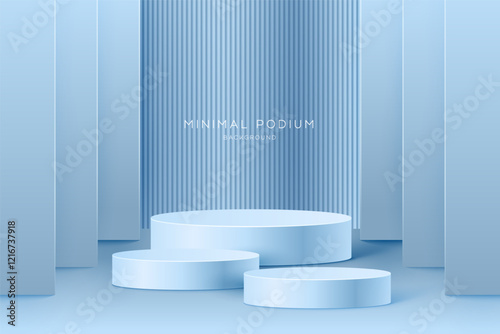 3D Minimal podium room with 3 set of steps realistic pink color cylinder stand podium. Podium wall with studio light for mockup product display.
