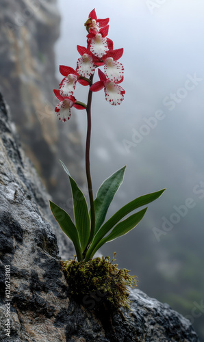 A rare red orchid with white-speckled petals blooms on a rugged mountain rock, its vibrant colors contrasting against the misty background. A symbol of nature’s resilience.  
