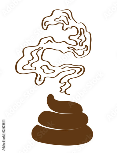 brown poop icon with wavy, smoked lines rising above , representing odor. The design is simple and minimalistic for print, brochures, poster, sticker, social apps.
