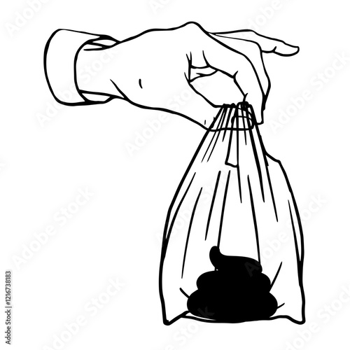 hand holding a tied plastic bag containing waste, depicted in a simple black and white style, emphasizing sanitation and cleanliness for print, brochures, poster, sticker, social apps.