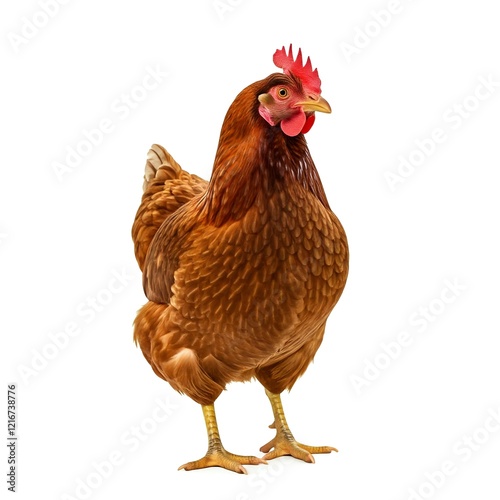 Photorealistic Full-Body Shot of a Rhode Island Red Hen, Isolated on White
