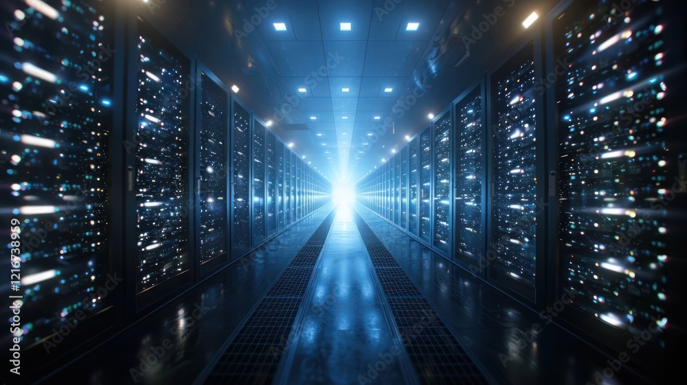 Futuristic data center corridor illuminated by bright light, showcasing advanced technology and servers Futuristic data center corridor illuminated by bright light, showcasing advanced technology and servers
