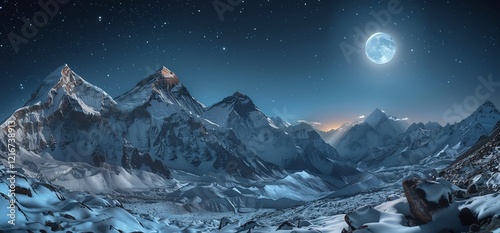 Himalayan mountains at night, full moon, stars, snowy peaks, landscape wallpaper