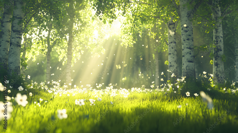 Fototapeta premium A serene forest scene with sunlight filtering through trees, illuminating lush green grass and white flowers in a peaceful, natural setting