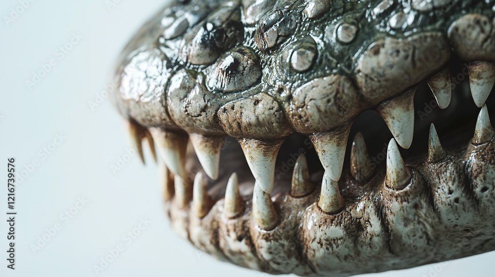Obraz premium A close-up of the head and jaw of an alligator, focusing on its teeth and scales, against a white background. 