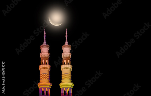 Masjid dome islam moon star night isra miraj namaz sunset background mubaruk greeting islam ramadan element masjid aqsa hajj kaaba umrah eid arabian religion islamic arab muslim greeting miraj kaaba. photo