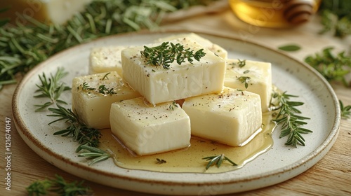 A stylish arrangement of various cheese types garnished with fresh herbs and drizzled with olive oil rests on a rustic wooden surface, inviting culinary exploration