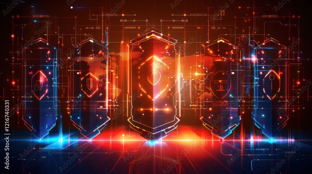 Obraz premium Futuristic digital interface showcasing glowing shields with intricate patterns and technology