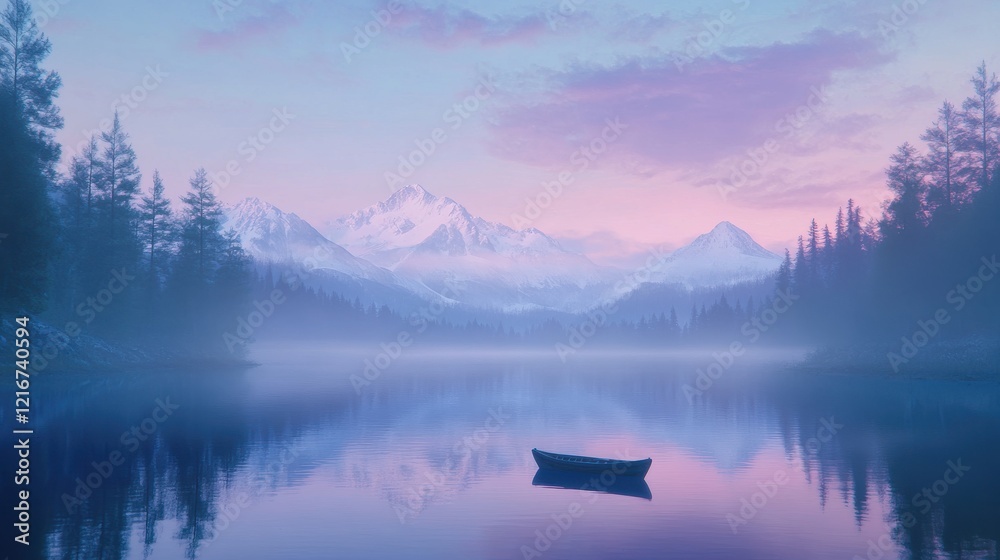 Fototapeta premium Tranquil mountain lake at sunrise with majestic peaks and calm waters
