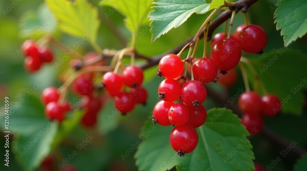 A vibrant cluster of ripe red berries hanging delicately from a lush green branch, showcasing the beauty of nature's bounty in the summer sun. A vibrant cluster of ripe red berries hanging delicately from a lush green branch, showcasing the beauty of nature's bounty in the summer sun.