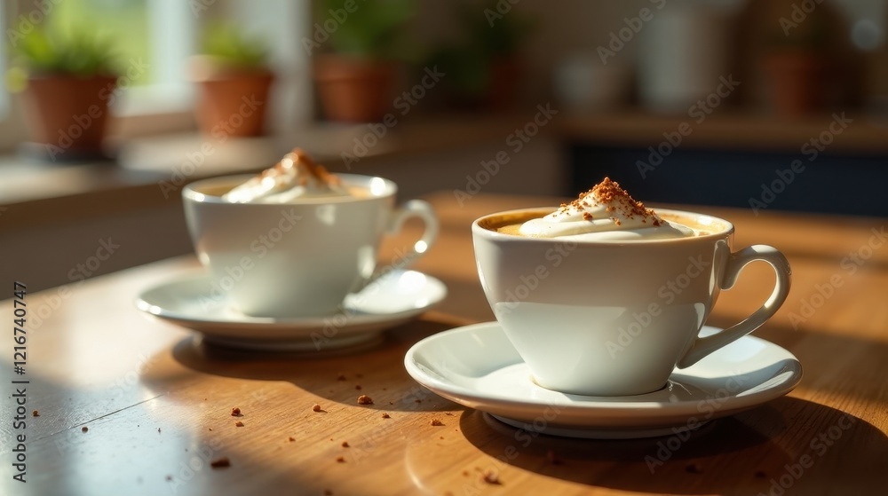 Two Cups of Coffee with Whipped Cream and Crumble Topping on Wooden Table in Sunlit Room Two Cups of Coffee with Whipped Cream and Crumble Topping on Wooden Table in Sunlit Room