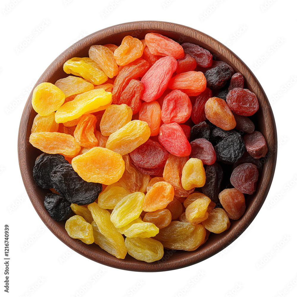 Flat lay of assorted dried fruits in bowl isolated on transparent white background Flat lay of assorted dried fruits in bowl isolated on transparent white background