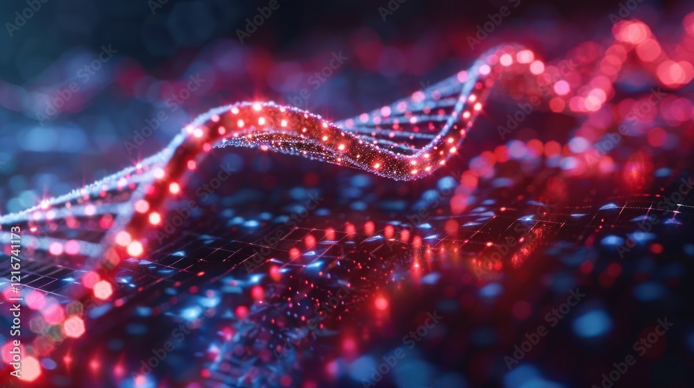 Abstract visualization of glowing data waves in red and blue tones with a digital background Abstract visualization of glowing data waves in red and blue tones with a digital background