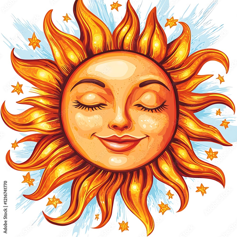 Serene Sun Face with Flamming Rays and Stars Serene Sun Face with Flamming Rays and Stars