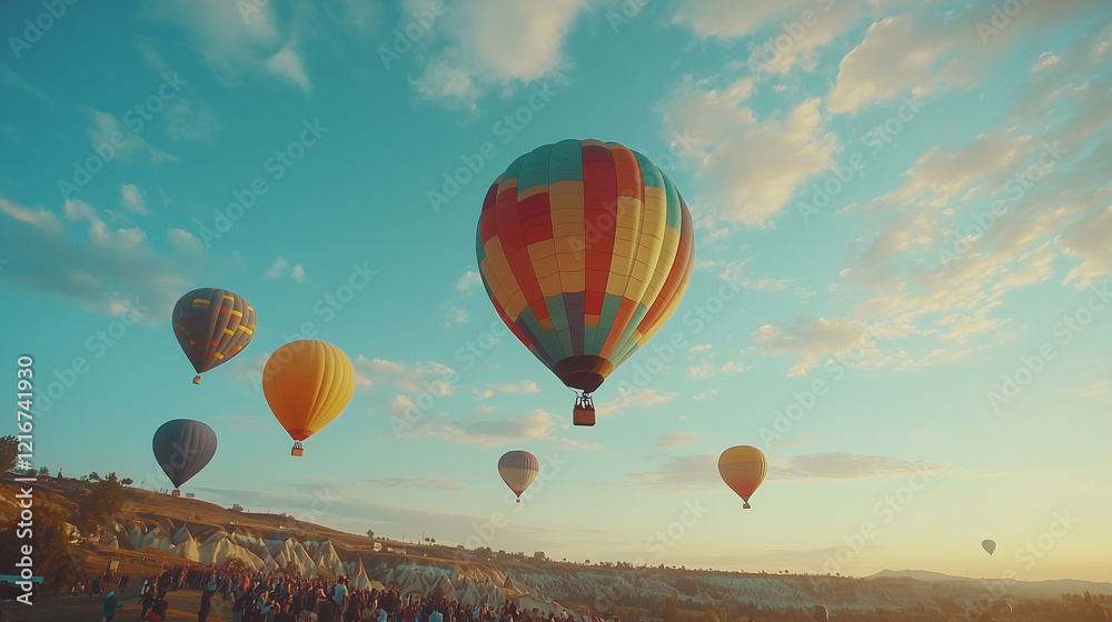 Fototapeta premium Colorful Hot Air Balloon Festival with Balloons Ascending and Crowd Watching