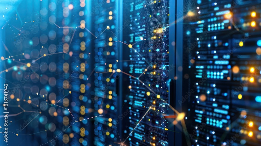 Obraz premium Data center with illuminated servers and digital connections showcasing technology advancement