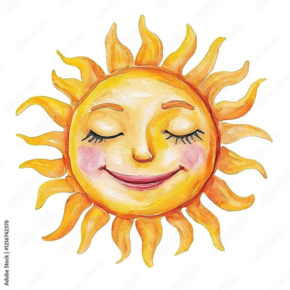 Watercolor Smiling Sun with Closed Eyes. Watercolor Smiling Sun with Closed Eyes.
