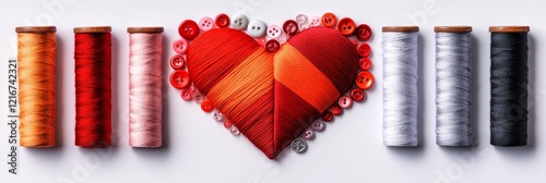 Romantic Valentine s Day Background, Red Heart Made From Spools of Colorful Threads and Buttons photo