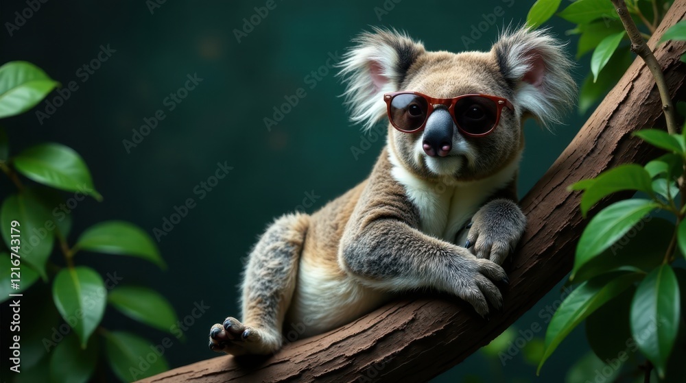 Obraz premium A Relaxed Koala Bear Sporting Trendy Sunglasses Rests on a Tree Branch Amidst Lush Green Foliage