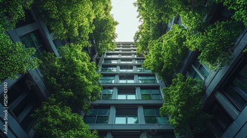 An inviting view of a bright urban courtyard filled with lush greenery, showcasing the beauty of nature within city life and encouraging a connection to the environment.